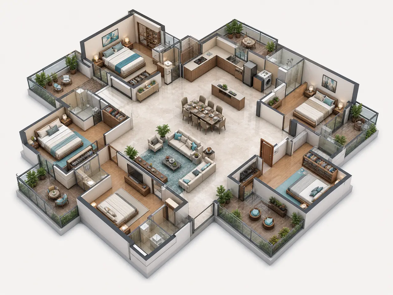 4 BHK apartment floor plan with living room, dining area, kitchen and four bedrooms