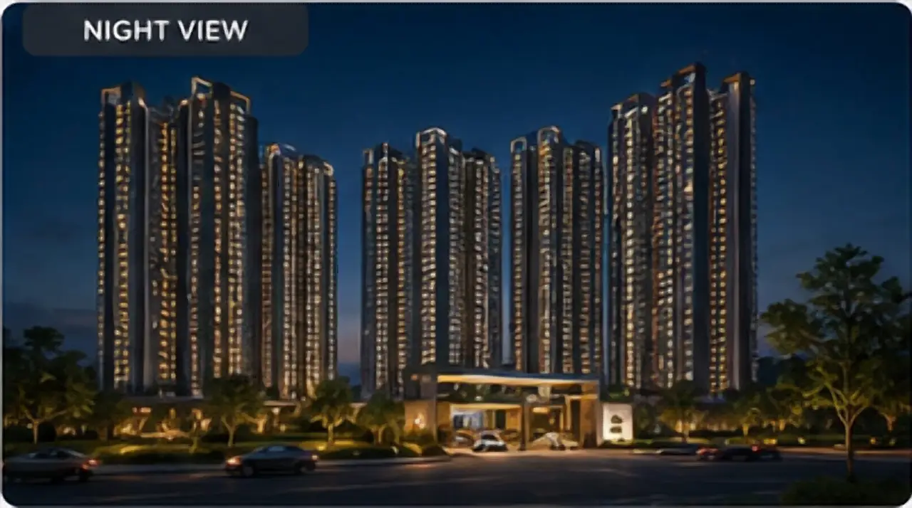 Illuminated apartment elevations and garden paths after dusk
