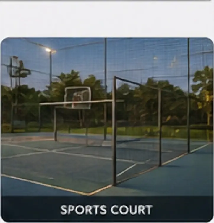 Fenced sports court within the residential landscape